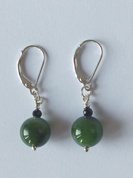 silver earrings-leverbacks with jadeite and tourmaline beads-the colours are green and black